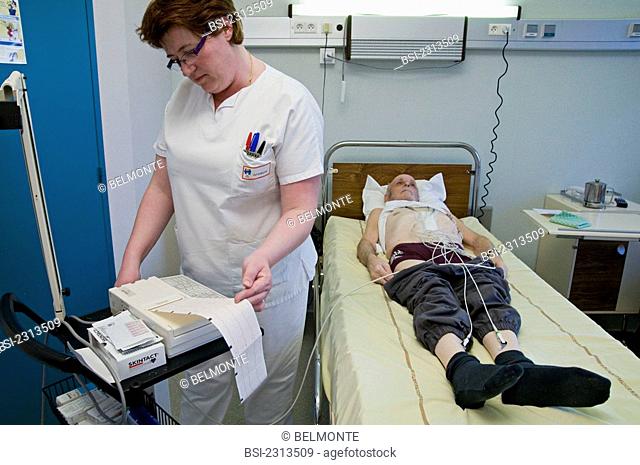 Photo essay at the department of dermatology at the Bocage hospital, University Hopital of Dijon, France. Electrocardiogram on a 72-year-old patient
