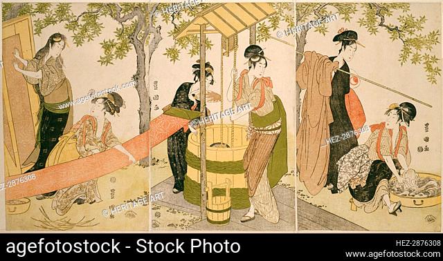 Doing the Laundry by the Well Curb (Idobata no sentaku to araihari), c. 1795. Creator: Utagawa Toyokuni I