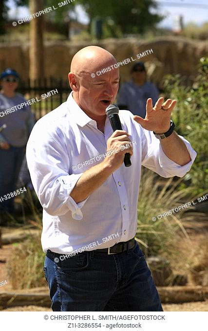 Mark Kelly, American astronaut, engineer, U. S. Navy Combat veteran of the Gulf War, now running in the 2020 election for Senator of Arizona making a speech in...