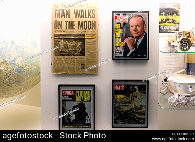 COLLECTION OF FRONT PAGES FROM NEWSPAPERS ON THE OCCASION OF MANKIND'S FIRST STEP ON THE MOON ON JULY 21, 1969 AT THE SWISS MUSEUM OF TRANSPORT, NEIL ARMSTRONG
