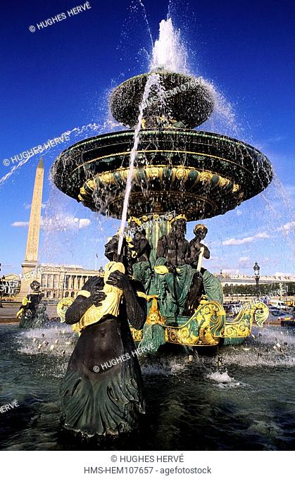 France, Paris, Fountain of the Seas and the obelisk on Concorde square