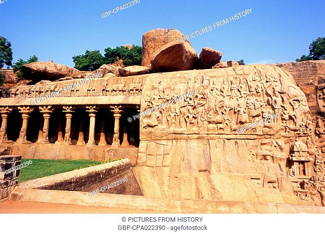 India: The Penance of Arjuna (Arjuna's Penance) rock-cut (7th century CE), Mahabalipuram, Tamil Nadu State