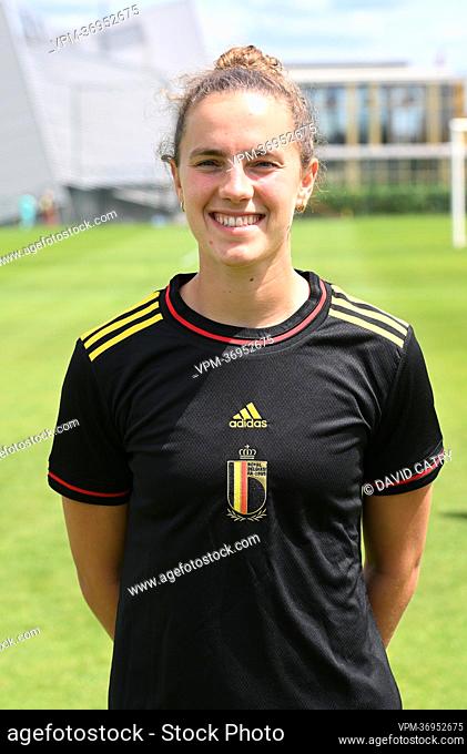 Belgium's Chloe Vande Velde posing for the photographer after a press conference of the Belgium's national women's soccer team the Red Flames