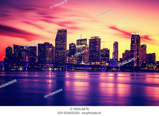 View of Miami at sunset, special photographic processing, USA