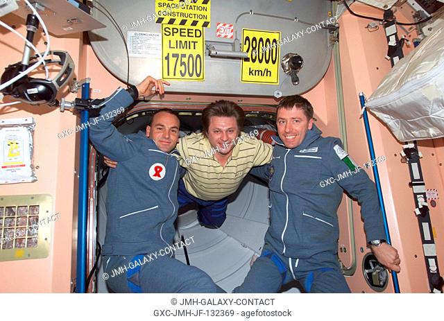 Two Soyuz Taxi crewmembers, South African space flight participant Mark Shuttleworth (left) and Flight Engineer Roberto Vittori of the European Space Agency...
