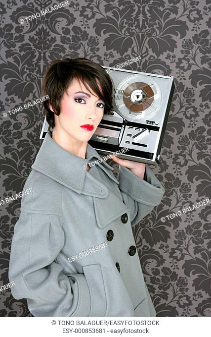 retro open reel tape woman listening music vintage 60s wallpaper
