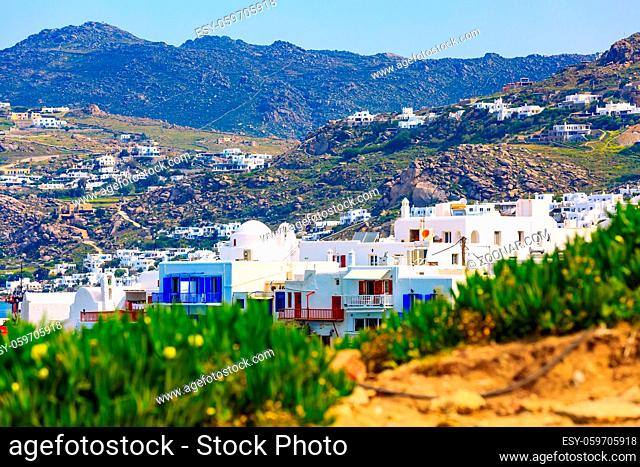 Mykonos, Greece aerial panoramic view of Little Venice white traditional houses and green plants