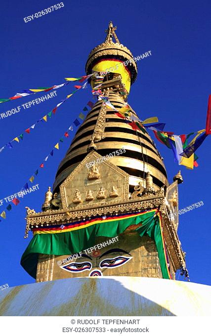 Swayambhunath is an ancient religious complex atop a hill in the Kathmandu Valley, Nepal