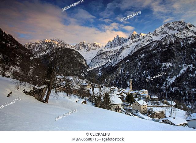 Winter sunset in Soglio with view on Sciore, Pizzo Badile and Cengalo, Soglio, Val bregaglia, Canton of Graubunden, Switzerland