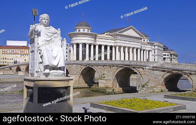 North Macedonia, Skopje, Archeological Museum, Emperor Justinian statue, Stone Bridge,