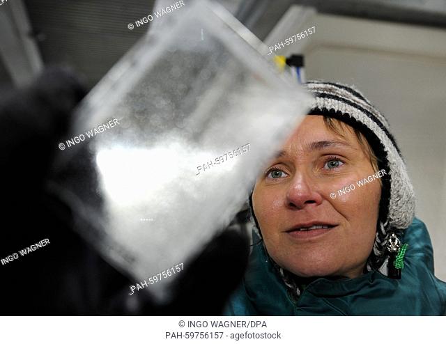 Geologist and glaciologist of the Alfred Wegener Institute for Polar and Marine Research (AWI), Ilka Weikusat, examines a sample of ice that was found under an...