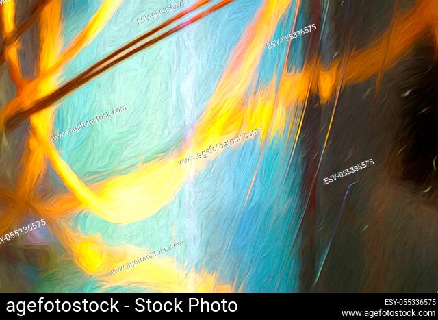 Macro shot of red copper wires behind a bluish glass surface in a painted look