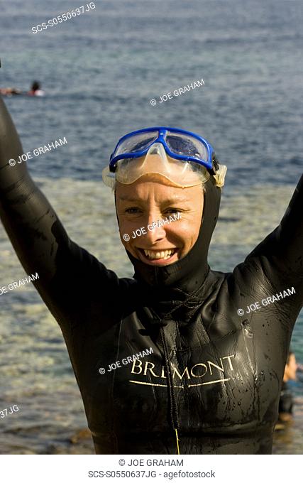 A jubilant Sara Campbell returning back to shore after her world record attempt at the constant weight freediving discipline, June 2009 Blue Hole Dahab, Egypt