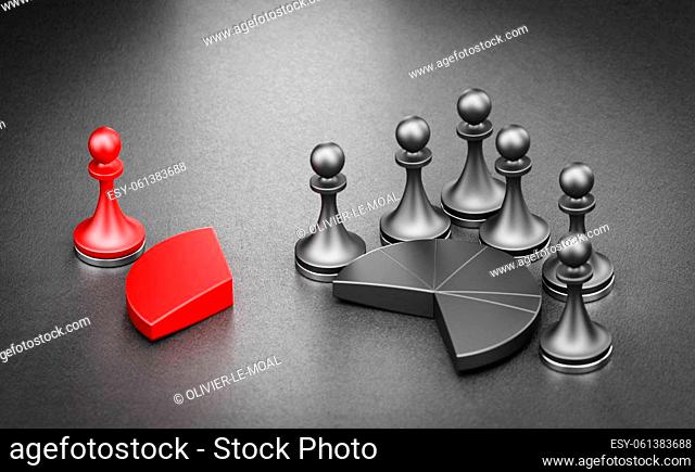Red and black pie charts with pawns over black background. Market share, Business competition. 3d illustration