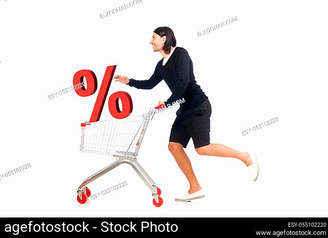 Man in sale and discount shopping concept