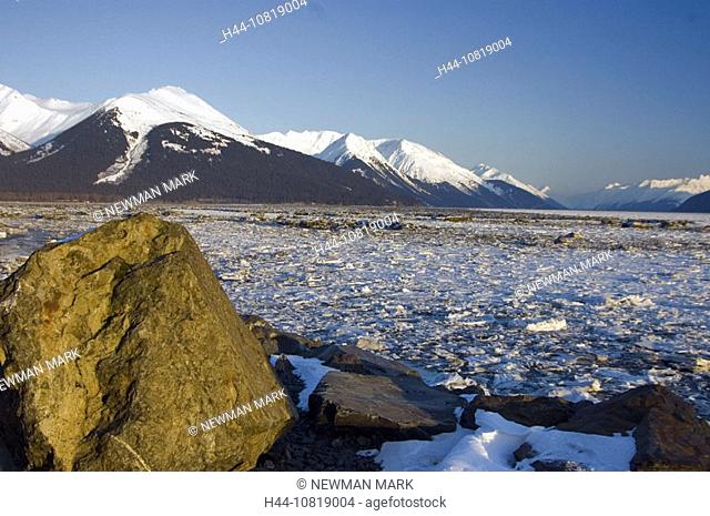 scenery, landscape, ice, mountains, water, frozen, Turnagain arm, Inlet Cook, Alaska, USA, United States, America