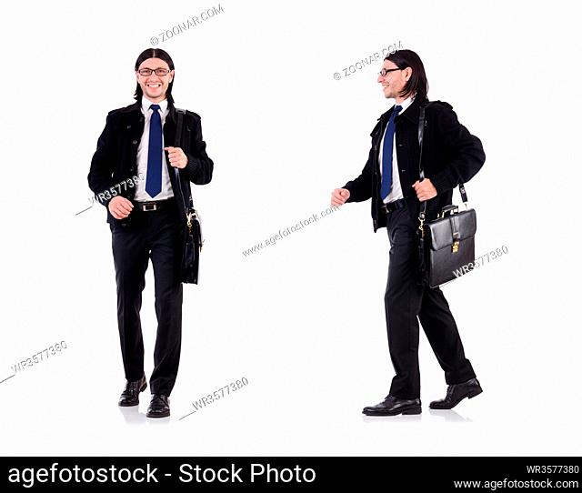 Young businessman holding briefcase isolated on white