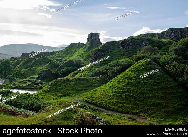 Cone-shaped hills of the Fairy Glen, Scotland, UK