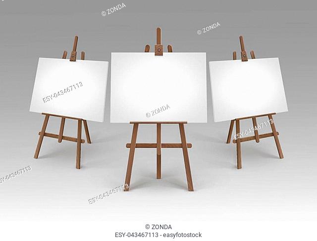 Vector Set of Brown Wooden Easels with Mock Up Empty Blank Canvases Isolated on Background