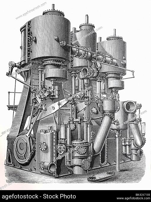 Dampfmaschine aus dem 19. Jahrhundert: Dreizylindrige Compound-Schiffsmaschine, digital restaurierte Reproduktion einer Originalvorlage aus dem 19