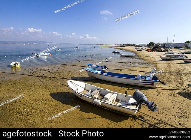 View of the shoreline of the island of Farol, located in the Ria Formosa marshlands, Portugal