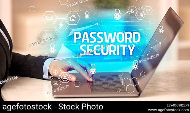 PASSWORD SECURITY inscription on laptop, internet security and data protection concept, blockchain and cybersecurity
