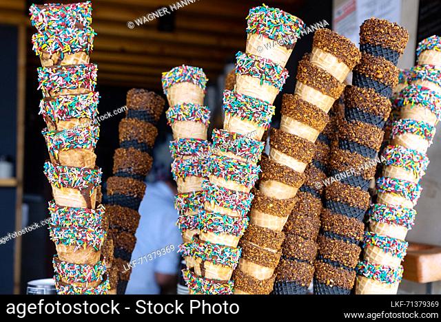 Ice cream parlor with colorful decorative ice cream cones in Vodice