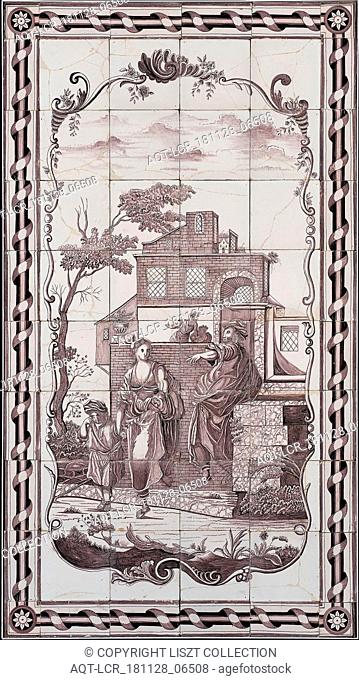 tile manufacturer: atelier J. Aalmis, Verwijk (1790 - 1843), Purple tile picture in metal frame, man (Abraham), wife (Hagar) and child (Ishmael) in front of...