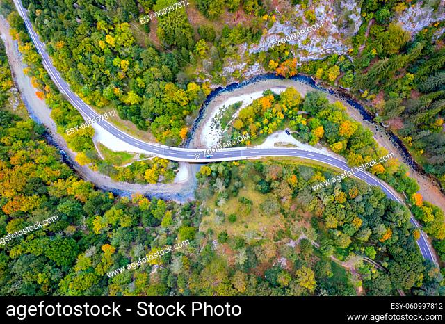 Road in the autumn forest aerial view made with drone