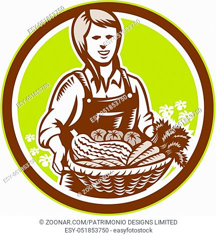 Illustration of female organic farmer with basket of crop produce harvest fruits vegetables facing front set inside circle done in retro woodcut style