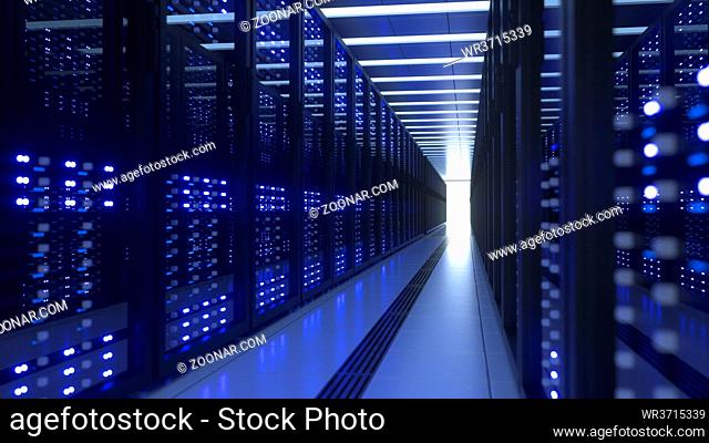 Data Center Computer Racks In Network Security Server Room. Cryptocurrency Mining Farm or Hosting Storage Connected Dots Programming Code And Binary Concept