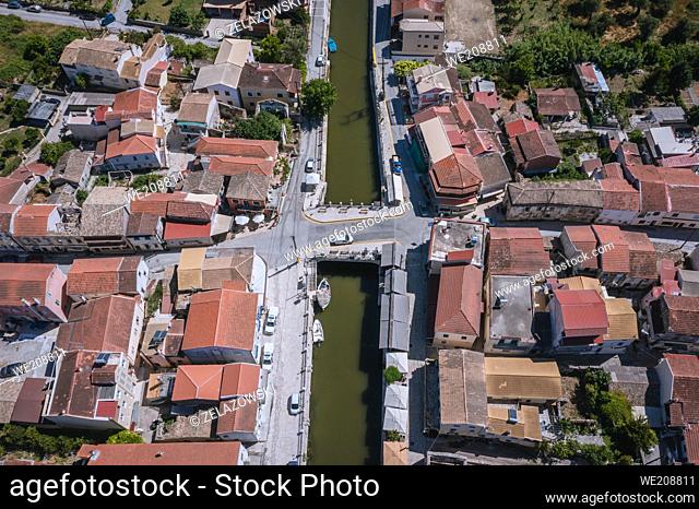 Aerial drone view of channel and bridge in Lefkimmi town on the island of Corfu, Ionian Islands, Greece