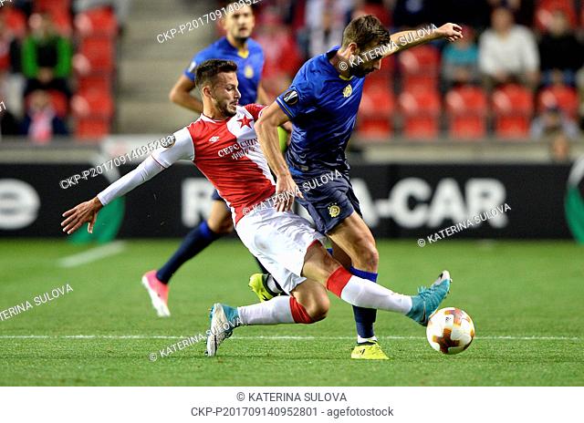 From left JAKUB HROMADA of Slavia and TINO-SVEN SUSIC of Maccabi in action during the Football Europa League 1st round group A match: Slavia Praha vs Maccabi...
