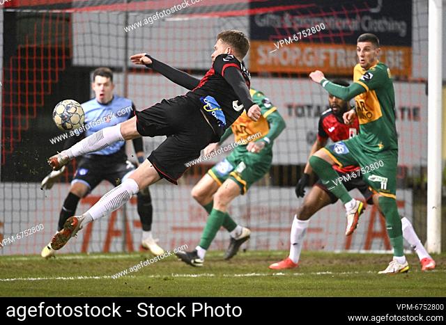 Rwdm's Florian Yves Le Joncour scores a goal during a postponed soccer match from day 18 between RWD Molenbeek and RE Mouscron