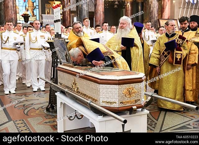 RUSSIA, ST PETERSBURG - JULY 17, 2023: A church service marks the arrival of the relics of Adm Fyodor Ushakov (1745-1817) of the Imperial Russian Navy arrive at...