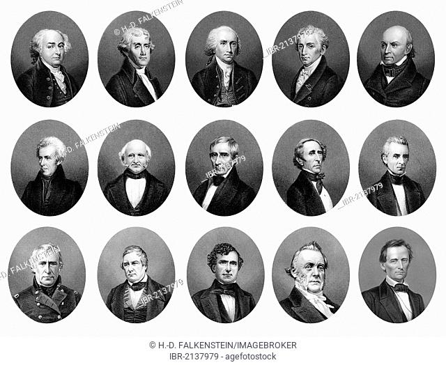 Copper engraving from the 19th Century, portraits of the Presidents of the United States of America from 1797 to 1865, first row left to right: John Adams
