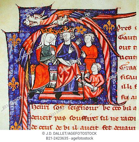Eleanor of Aquitaine and Henry II of England receiving the Lancelot-Grail Cycle, Bibliothèque Nationale de France, Paris, France