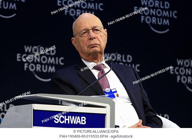 06 April 2019, Jordan, Dead Sea: Founder and Executive Chairman of the World Economic Forum Klaus Schwab attends a Conversation with Khalid Al Falih