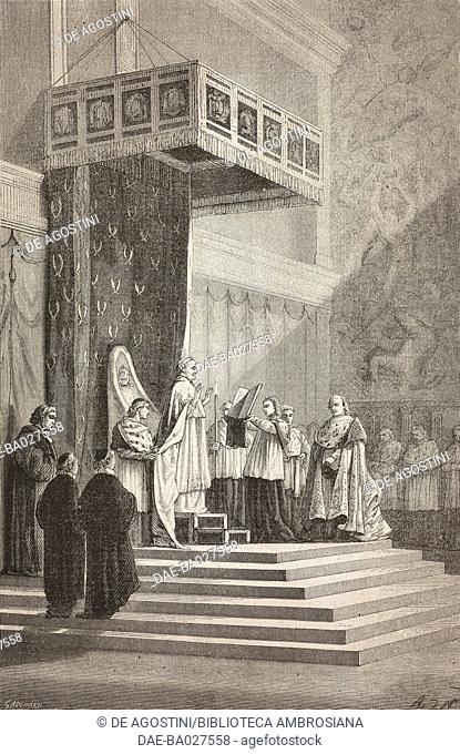 Pope Pius IX officiating in the Sistine Chapel, Vatican, drawing by Alphonse de Neuville (1835-1885), after a sketch by Elie Delaunay (1828-1891)