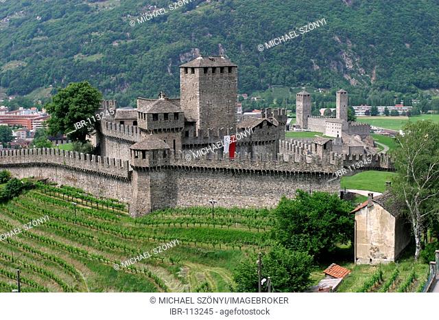 Castello di Montebello, one of the Tre Castelli (three castles) and UNESCO world heritage. Bellinzona, Ticino, Switzerland