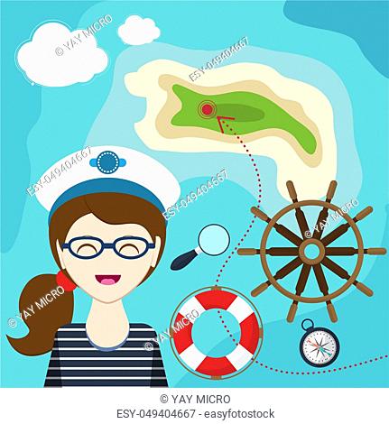 mapwith a sailor, lifeline, steering wheel, compass and magnifier on background with sea map. Child Game. Help the girl-sailor swim to shore