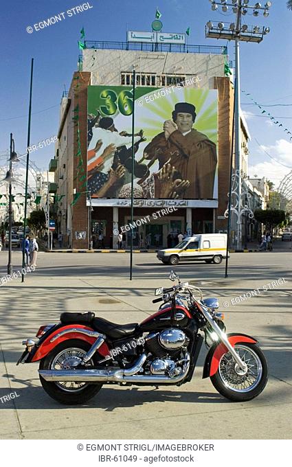 Portrait of revolution leader Muammar al-Khadafi, Muammar al-Gaddafi, at the Green Square, Tripoli, Libya