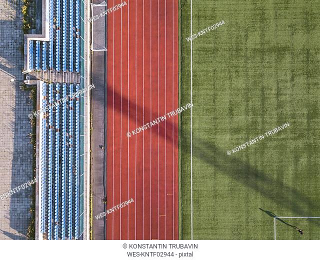 Aerial view of grandstand, racetrack and soccer field, Tikhvin, Russia
