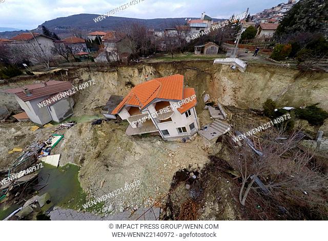 An aerial view picture shows destroyed homes caused by a landslide in the town of Balchik, north-east of the Bulgarian capital Sofia Featuring: Atmosphere...