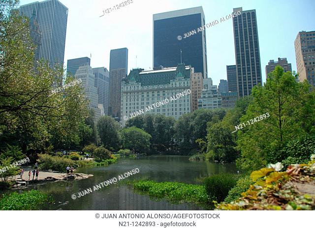 Manhattan buildings from The Pond in Central Park. The Plaza Hotel is in the center with the Solow Building behind. On the left, we see the Trump Tower
