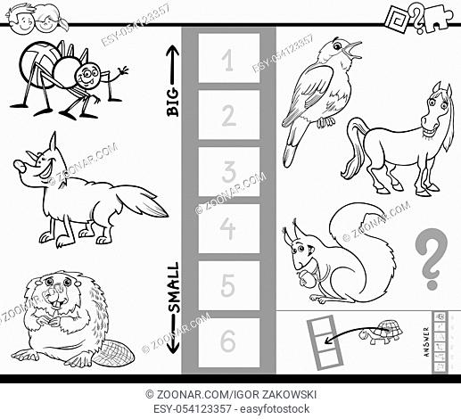 Black and White Cartoon Illustration of Educational Game of Finding the Biggest and the Smallest Animal Characters Coloring Book