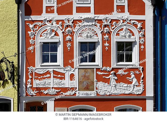 Rococo stucco facade by Johann Baptist Modler, Obernberg am Inn, Innviertel, Upper Austria, Austria, Europe