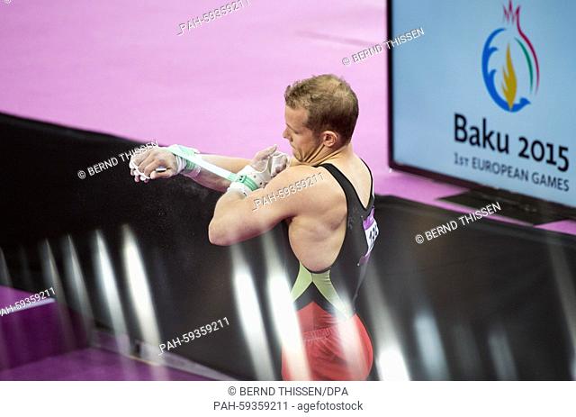 Germany's Fabian Hambuechen prepares in the Gymnastics Artistic - Men's Floor Exercise at the Baku 2015 European Games in National Gymnastics Arena in Baku