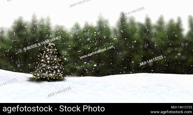 Decorated Christmas tree with snowfall in front of a fir forest in the background