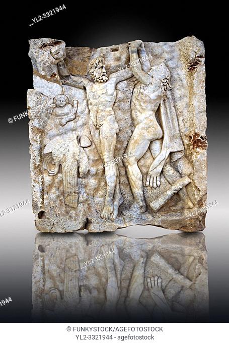Roman temple freize relief sculpture of Zeus and Prometheus, Aphrodisias Museum, Aphrodisias, Turkey. Prometheus is screaming in pain